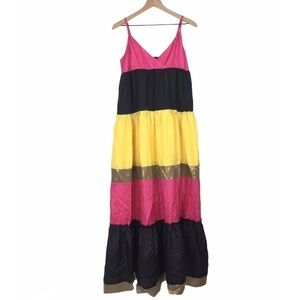 BB DAKOTA Sun Dress 100% Silk Maxi Tiered Bright Colorblock Vacay Summer Medium